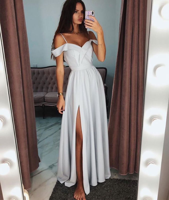 Simple white satin long prom dress, white evening dress – shdress
