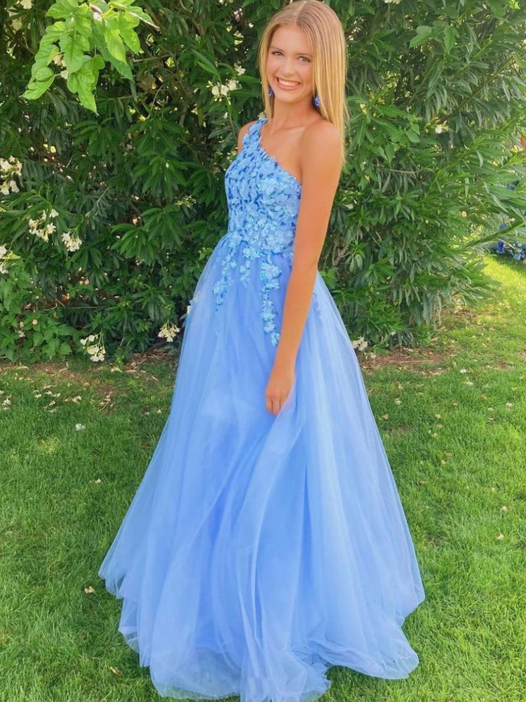 Blue one shoulder sequin tulle long prom dress blue evening dress – shdress