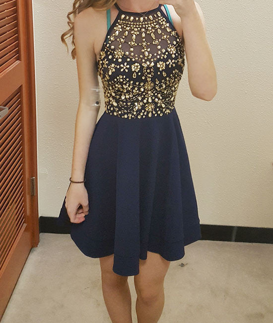 Unique round neck rhinestones short prom dress, cute homecoming dress - shdress
