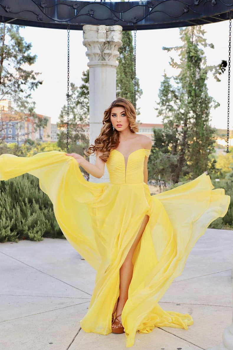 yellow chiffon evening dress Yellow Chiffon A Line Gown With 3D Flower Straps