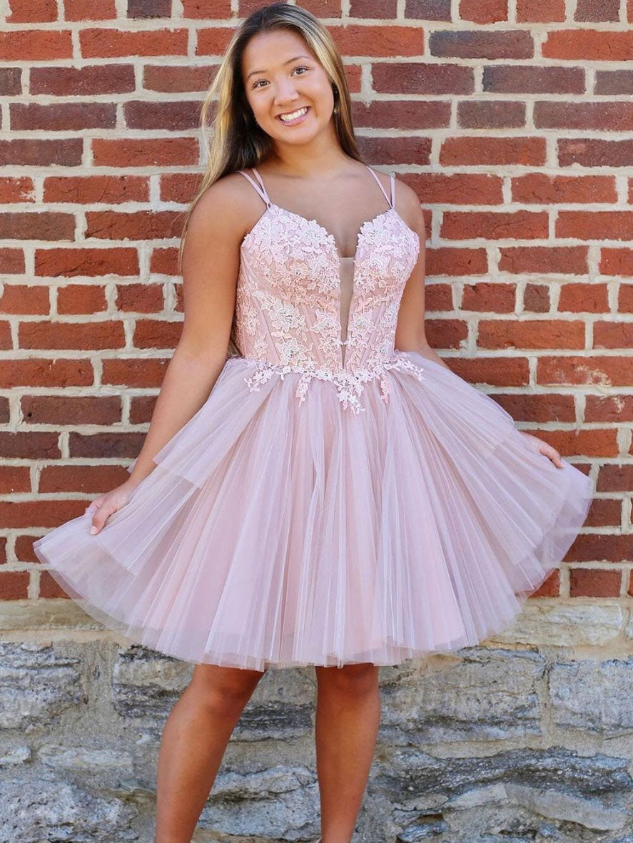 Pink A-line tulle lace short prom dress pink homecoming dress shdress Pink A-line tulle lace short prom dress pink homecoming dress shdress