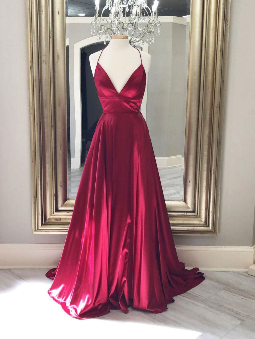 Simple red v neck satin long prom dress, red evening dress shdress Simple red v neck satin long prom dress, red evening dress shdress