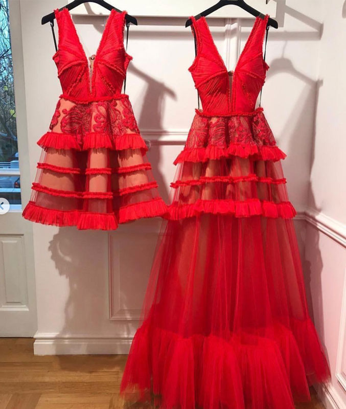 Red v neck tulle long prom dress, red tulle evening dress - shdress