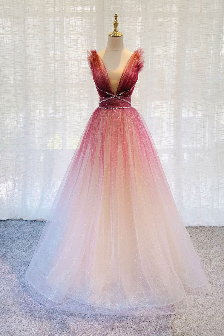 Burgundy v neck tulle sequin long prom dress burgundy evening dress – shdress