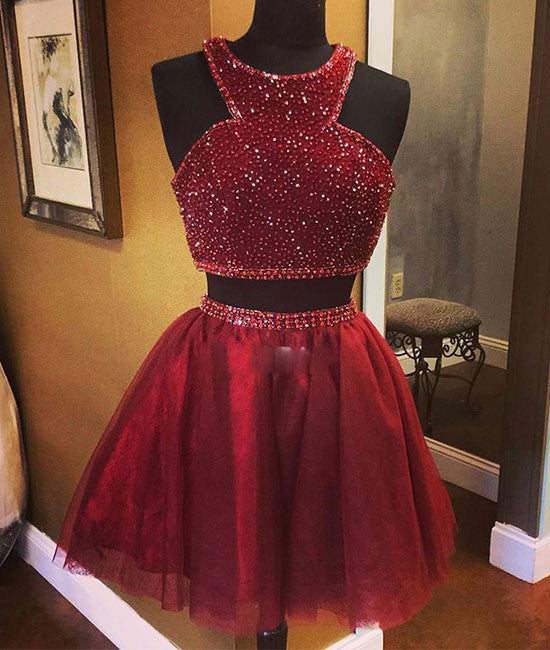 burgundy two pieces sequin short prom dress, burgundy homecoming dress - shdress