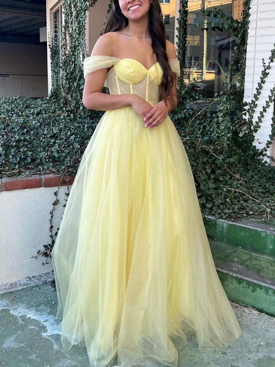 Simple yellow off shoulder tulle long prom dress, yellow evening dress