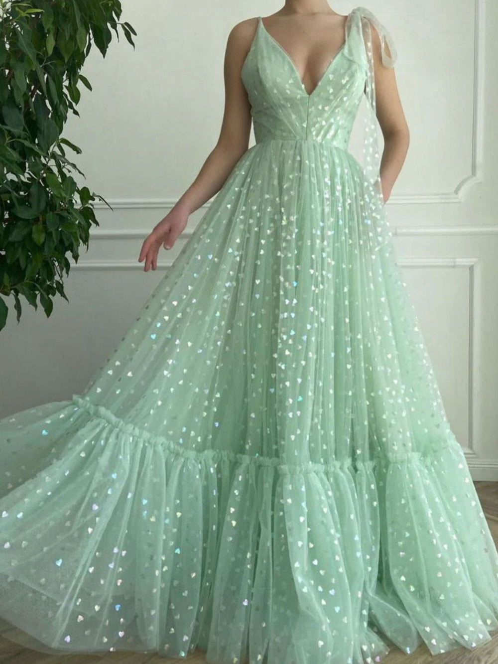 Green A line tulle long prom dress, green tulle evening dress