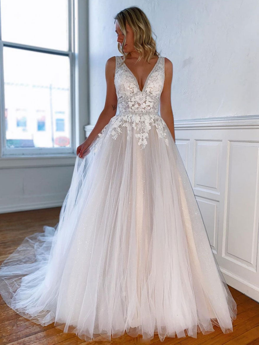 Gray white v neck tulle lace long prom dress, gray lace evening dress