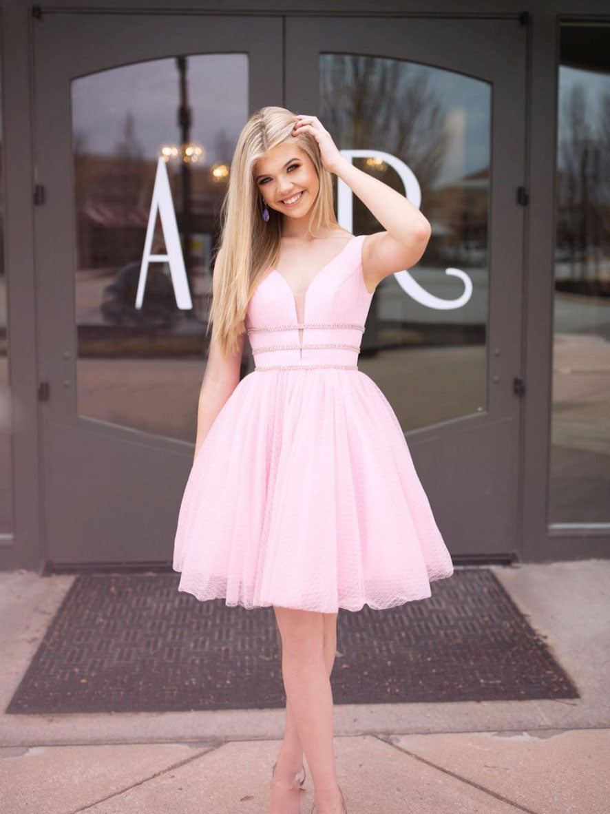 Pink v neck tulle short prom dress, cute pink homecoming dress – shdress