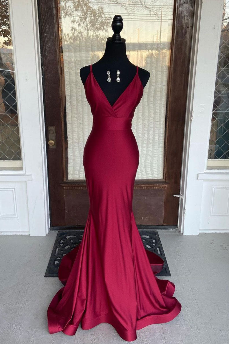 mermaid prom dress maroon Simple V-neck Spaghetti Straps Burgundy Sequins Mermaid Prom Dress,MP567