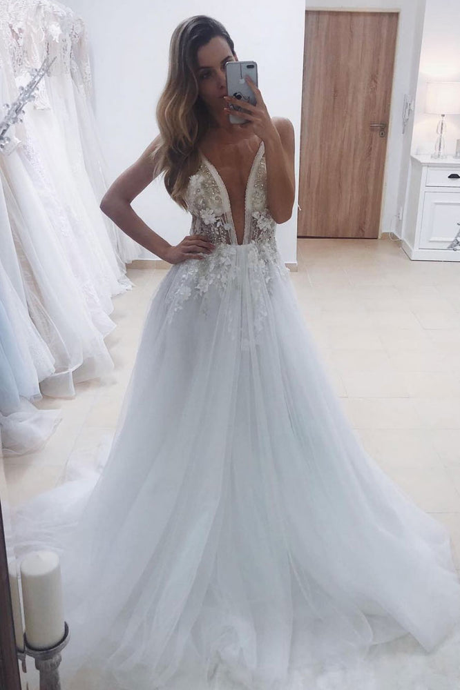 White v neck tulle lace beads long prom dress formal dress shdress White v neck tulle lace beads long prom dress formal dress shdress