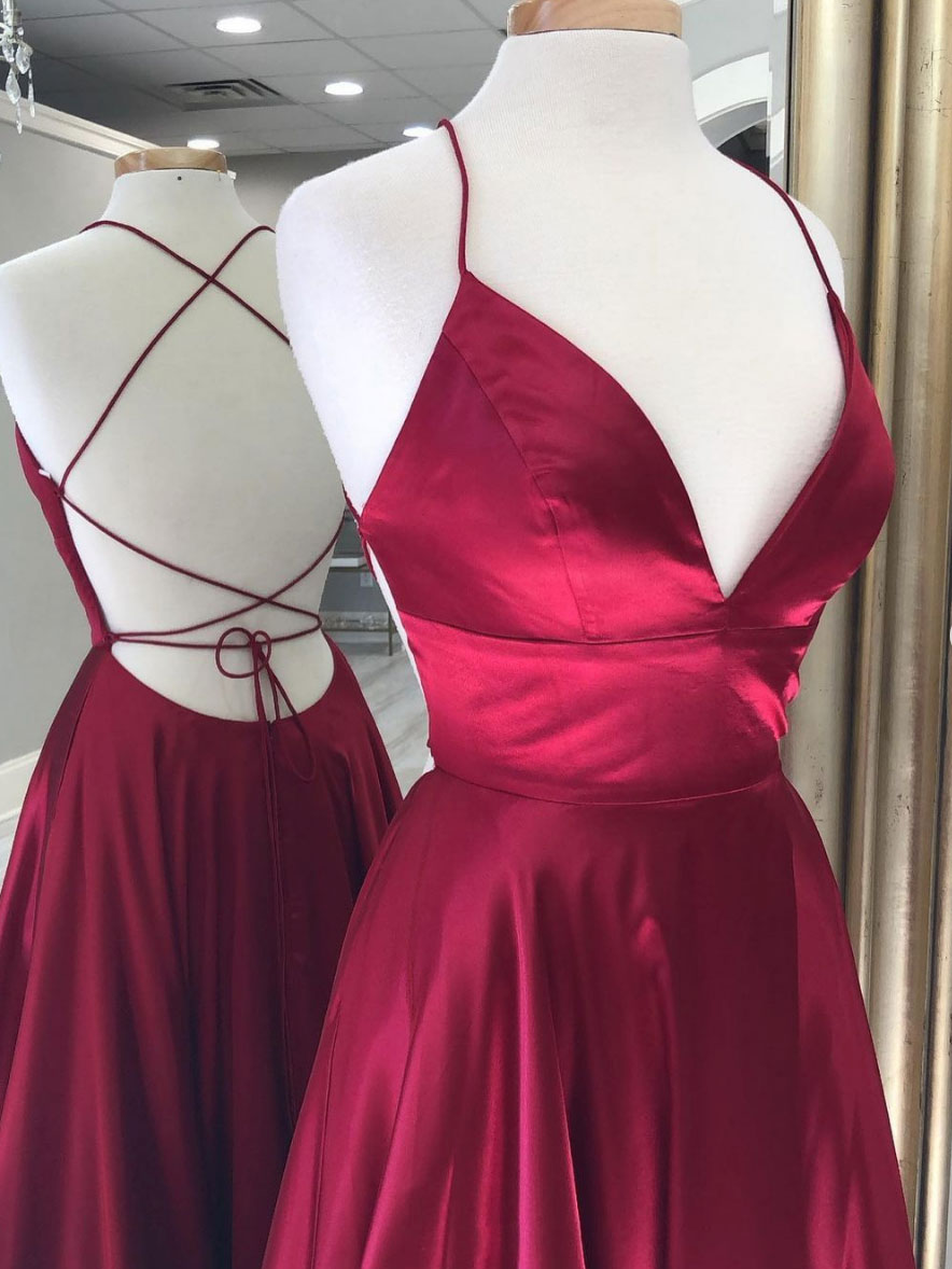 Simple red v neck satin long prom dress, red evening dress shdress Simple red v neck satin long prom dress, red evening dress shdress