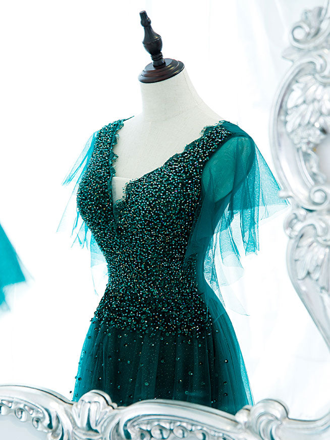 
                  
                    Green v neck tulle beads long prom dress, green tulle formal dress
                  
                