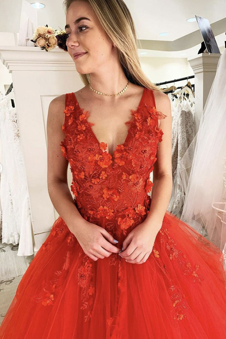 Orange v neck tulle lace long prom dress tulle sweet 16 dress shdress Orange v neck tulle lace long prom dress tulle sweet 16 dress shdress