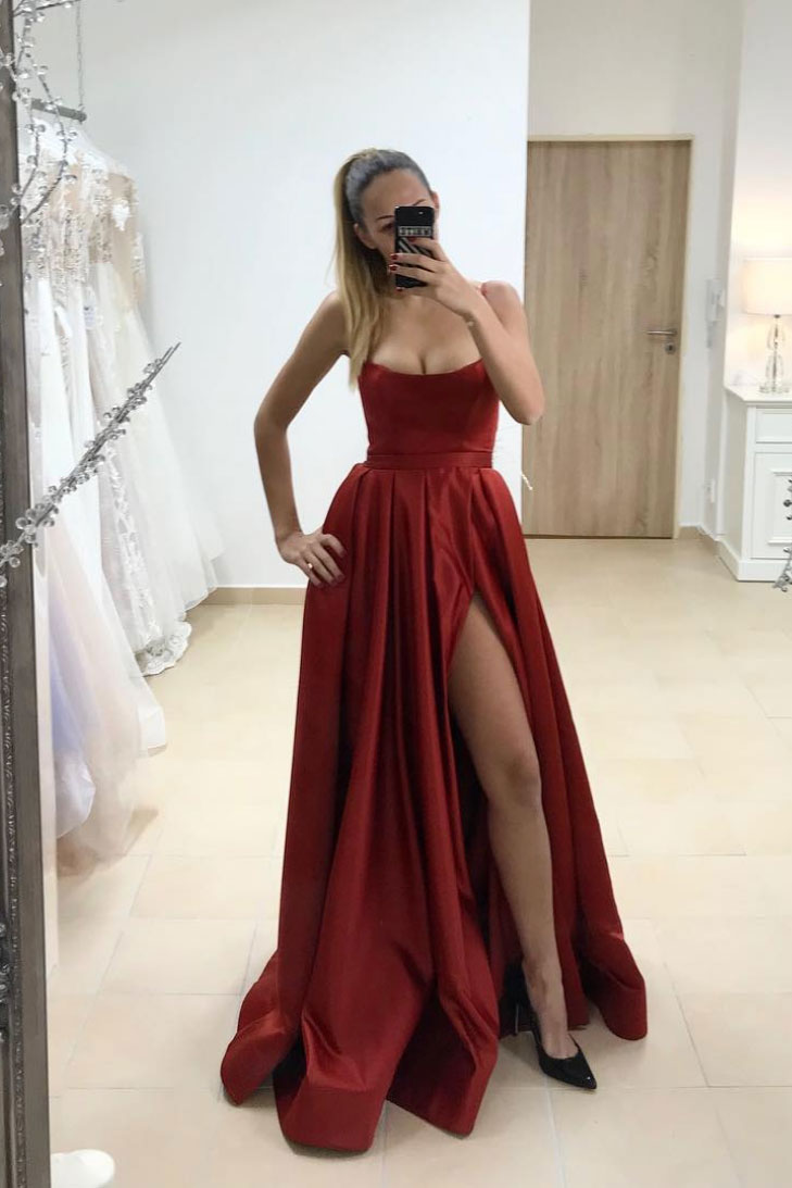 
                  
                    Simple red satin long prom dress satin long evening dress
                  
                