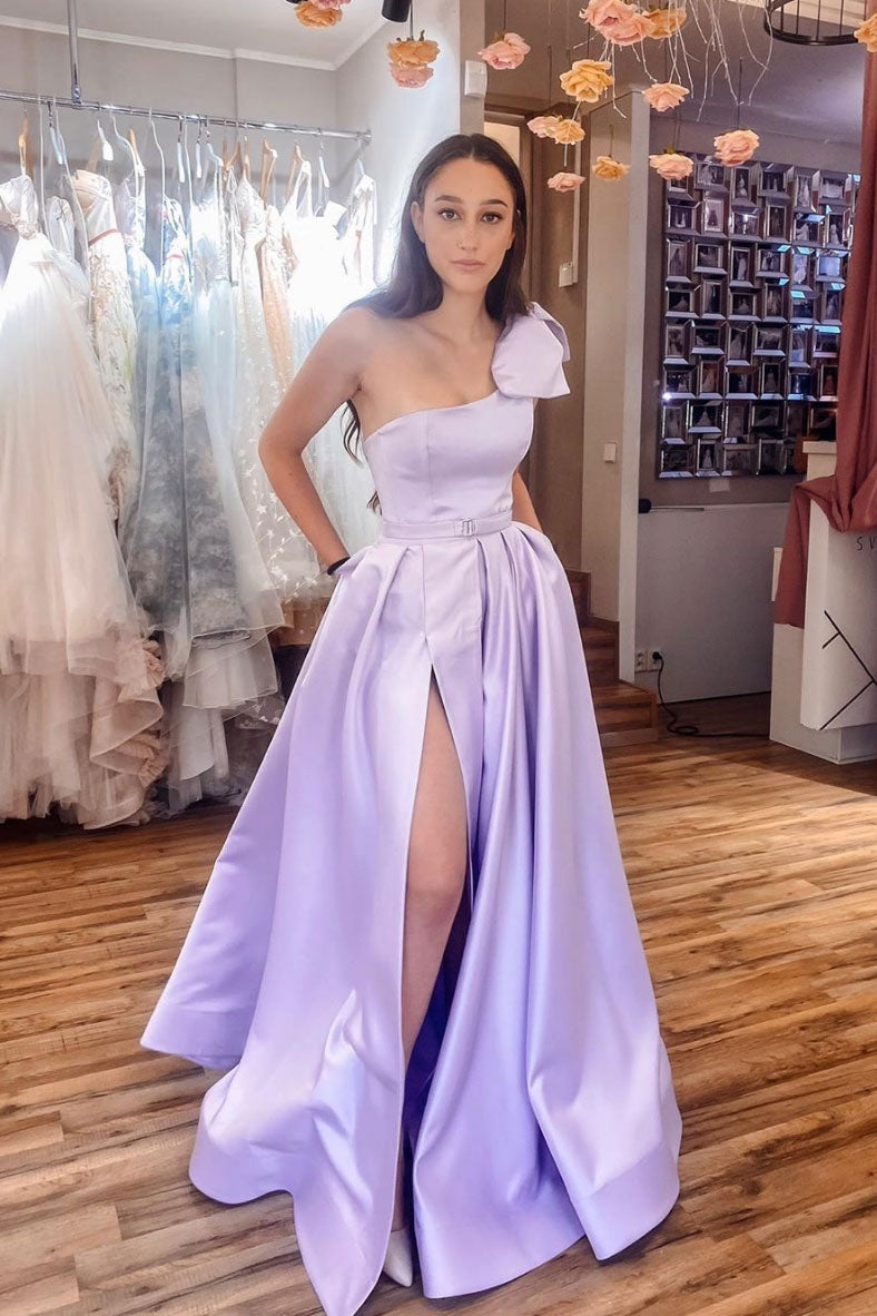 long purple dress Satin A-line Backless Prom Dresses With Slit, Evening Dress, MP910 up back for a secure Purple Dresses Collection | All