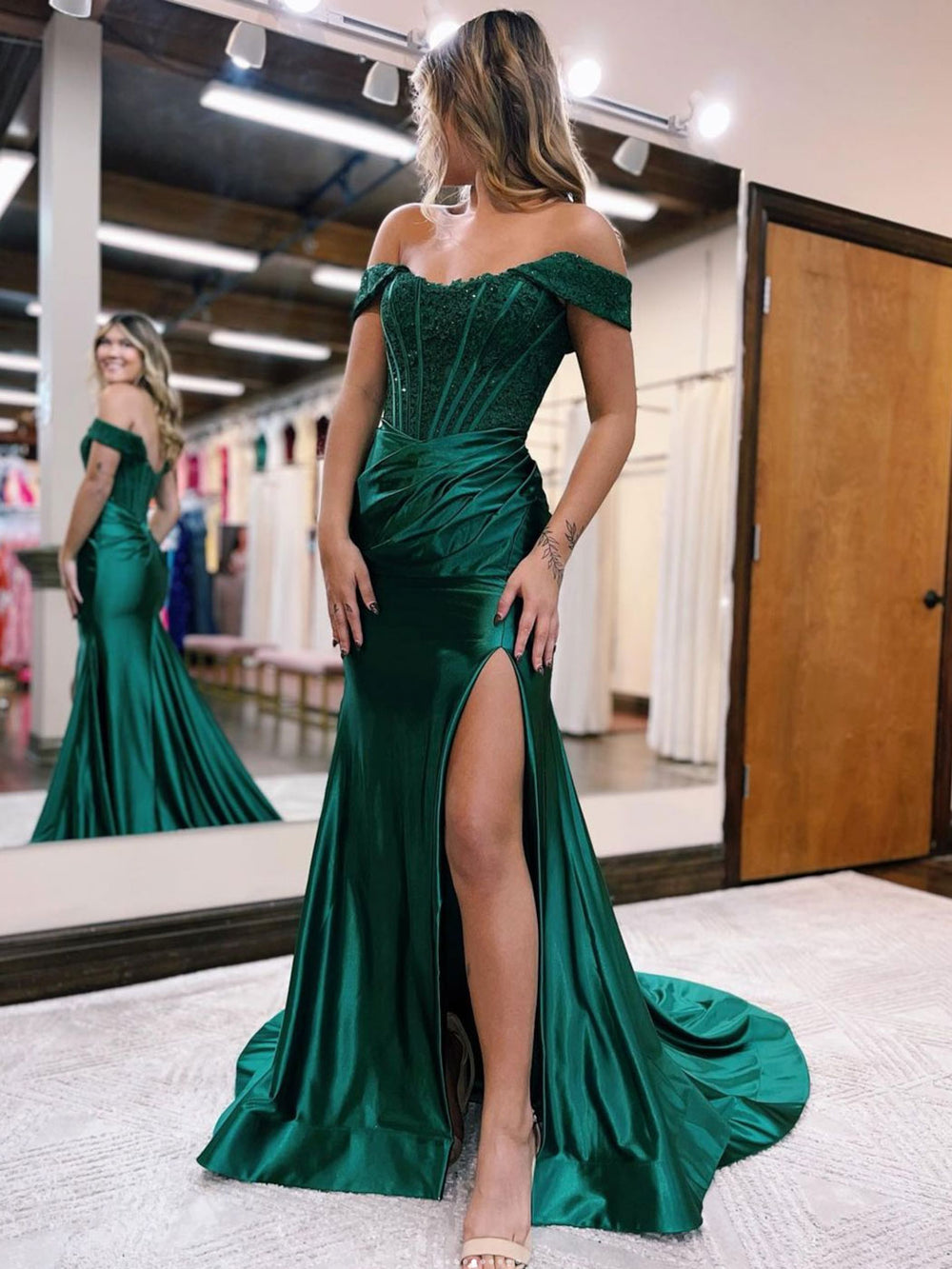 Mermaid Off Shoulder Satin Lace Long Prom Dress, Formal Evening Dress shdress Mermaid Off Shoulder Satin Lace Long Prom Dress, Formal Evening Dress shdress