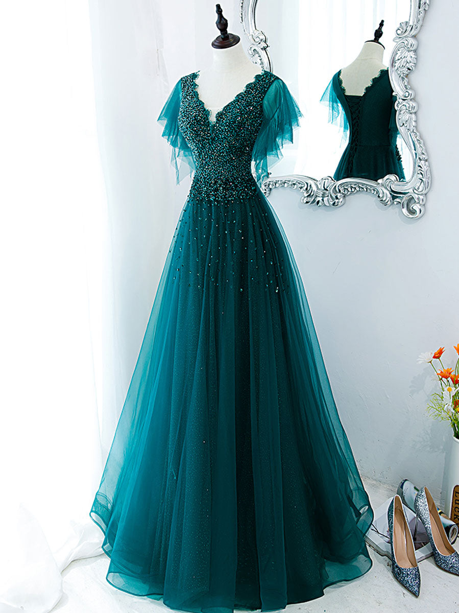 Green v neck tulle beads long prom dress, green tulle formal dress shdress Green v neck tulle beads long prom dress, green tulle formal dress shdress