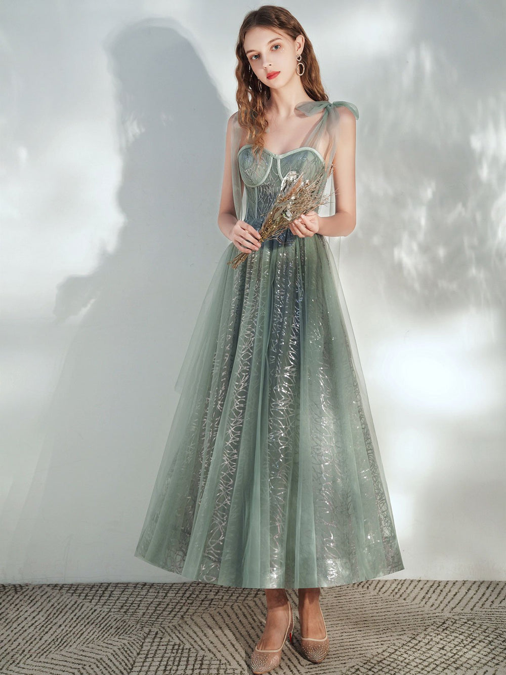 Green sweetheart neck tulle tea length prom dress, green evening dress shdress Green sweetheart neck tulle tea length prom dress, green evening dress shdress