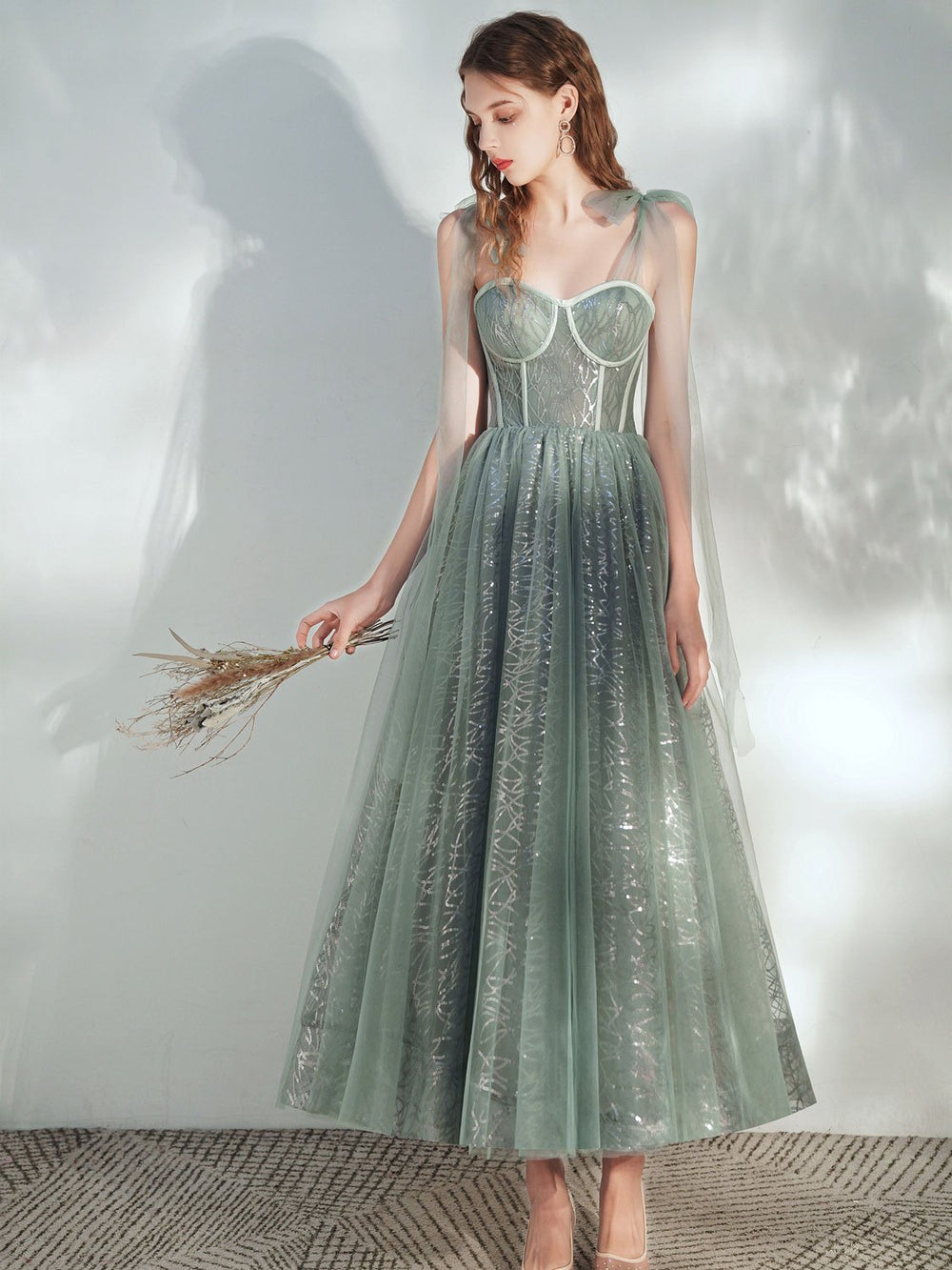 Green sweetheart neck tulle tea length prom dress, green evening dress shdress Green sweetheart neck tulle tea length prom dress, green evening dress shdress