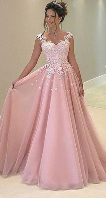 cute pink dresses Sweetheart Tulle Lace Long Prom Dress Pretty Party Dress PSK660 US10 / Custom Color 12Y for toddlers and girls Elegant Pink Straps Sleeveless A-Line