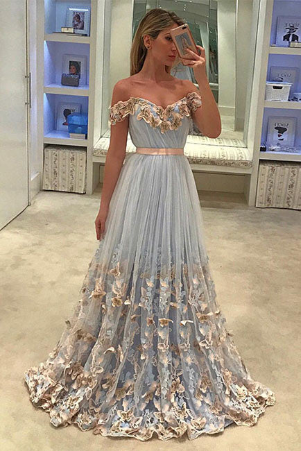 Unique tulle light blue long prom dress, tulle evening dress - shdress