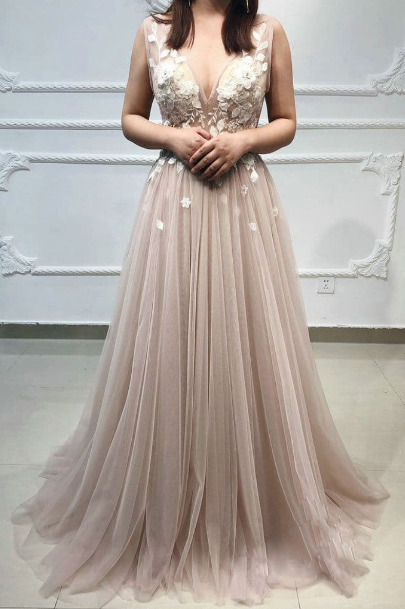 Champagne v neck tulle lace long prom dress, tulle evening dress