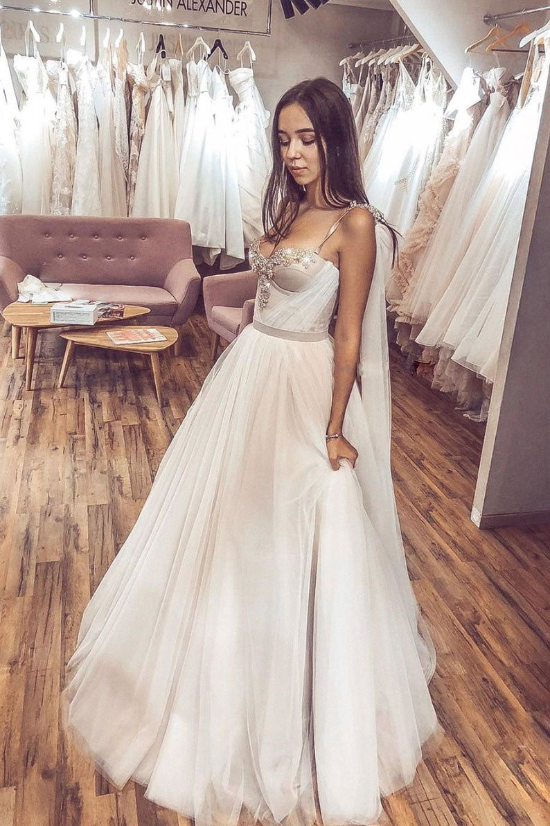 light champagne prom dress Light Champagne Tulle Long Evening Dress, A-line Off Shoulder Prom Dre