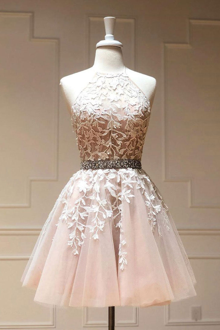 Champagne tulle lace short prom dress champagne homecoming dress
