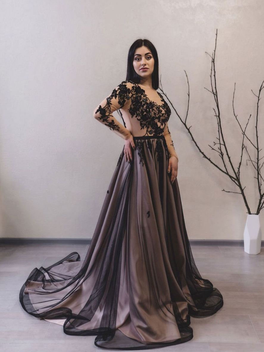 Black round neck tulle lace long prom dress black evening dress shdress Black round neck tulle lace long prom dress black evening dress shdress