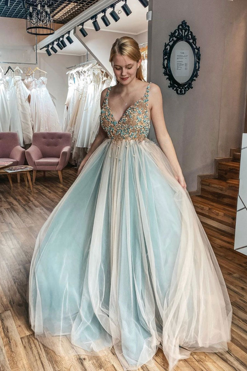 Unique v neck tulle lace long prom dress tulle formal dress