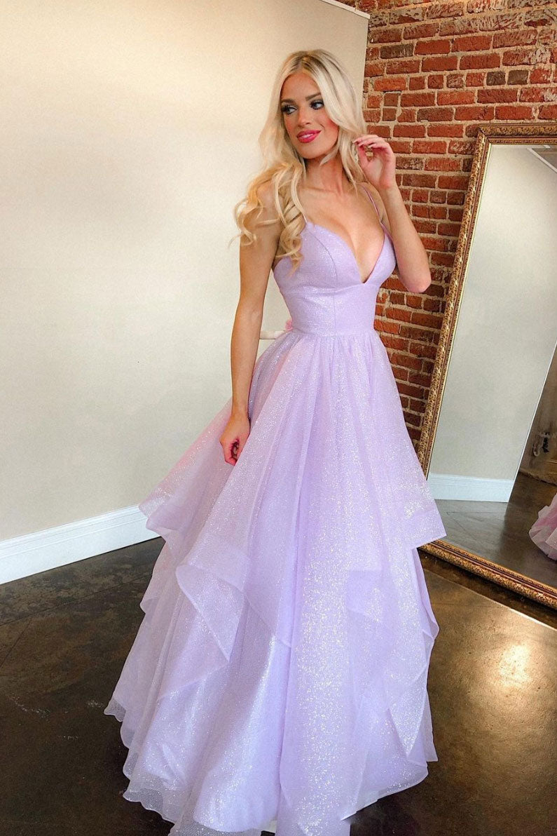 Purple v neck tulle long prom dress purple formal dress