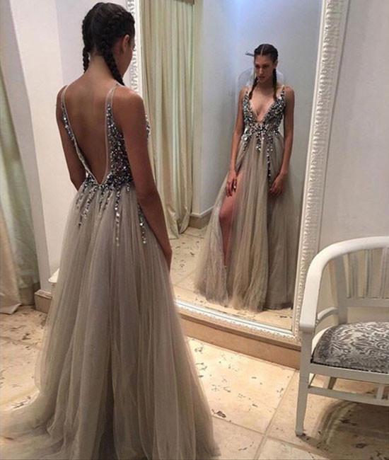 
                  
                    Gray A-line tulle beads sequin long prom dress, gray evening dress - shdress
                  
                