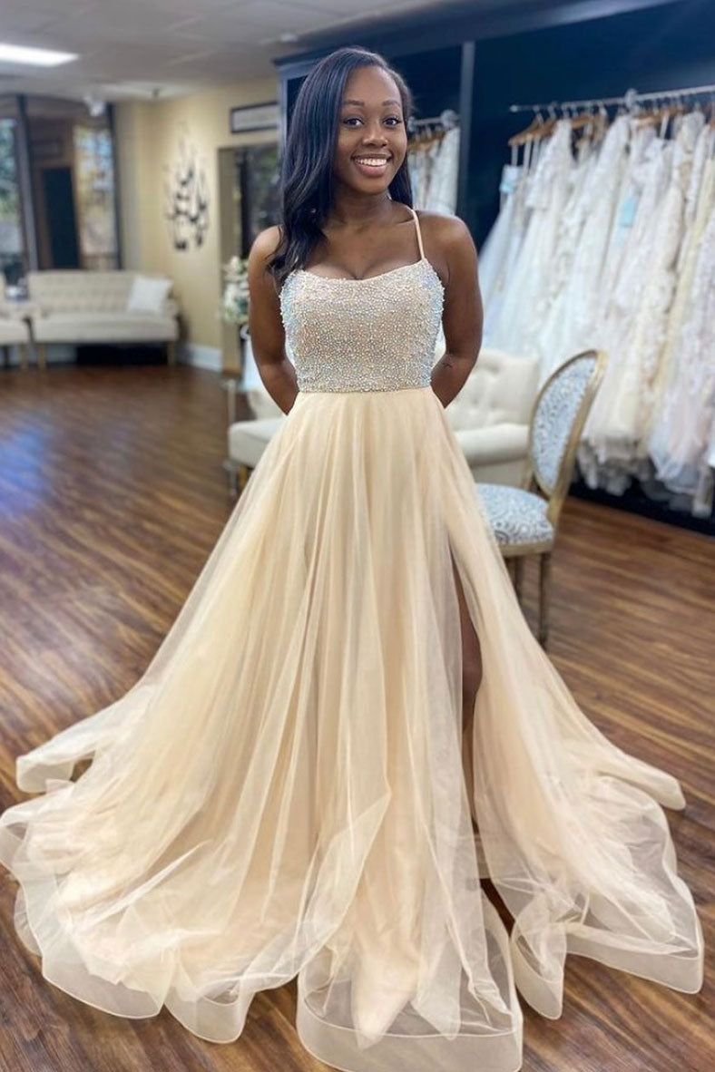 Champagne tulle beads sequin long prom dress tulle formal dress shdress Champagne tulle beads sequin long prom dress tulle formal dress shdress