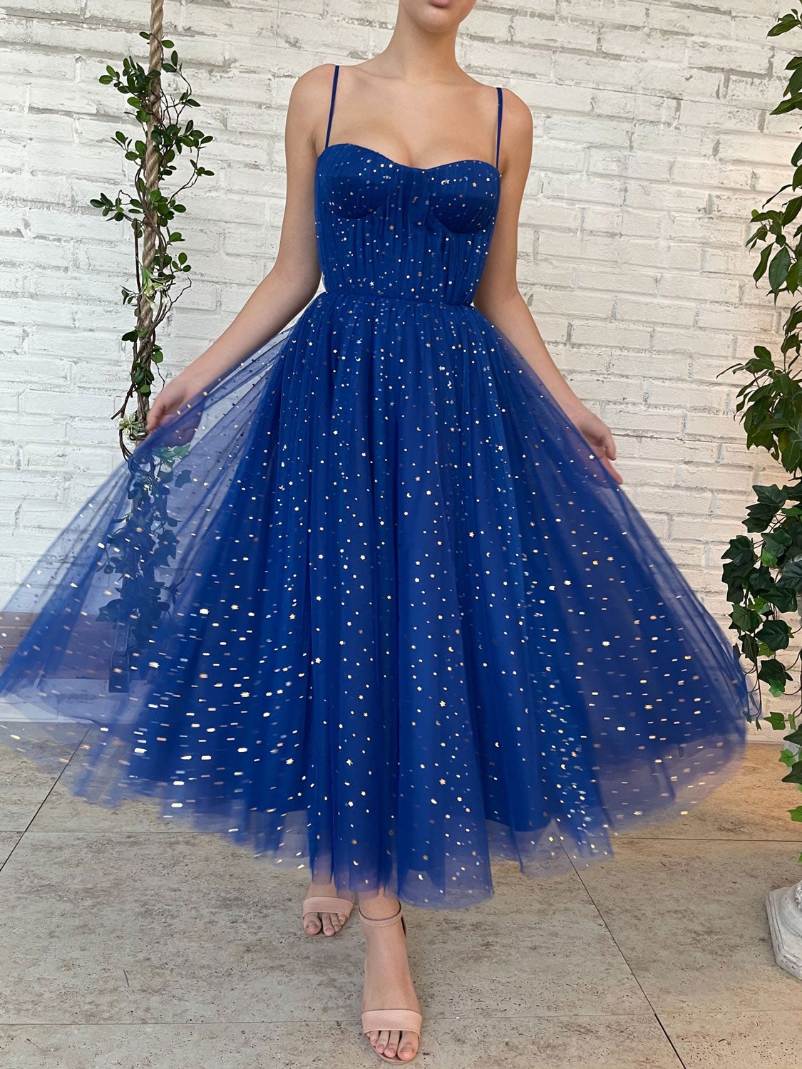 Blue tulle tea length prom dress, blue tulle bridesmaid dress – shdress