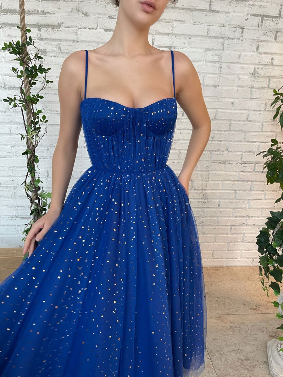 Blue tulle tea length prom dress, blue tulle bridesmaid dress shdress Blue tulle tea length prom dress, blue tulle bridesmaid dress shdress