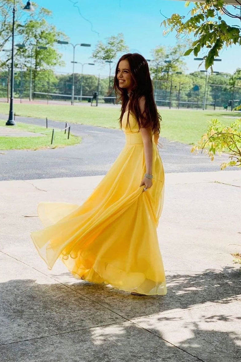 Simple yellow chiffon long prom dress, yellow formal dress