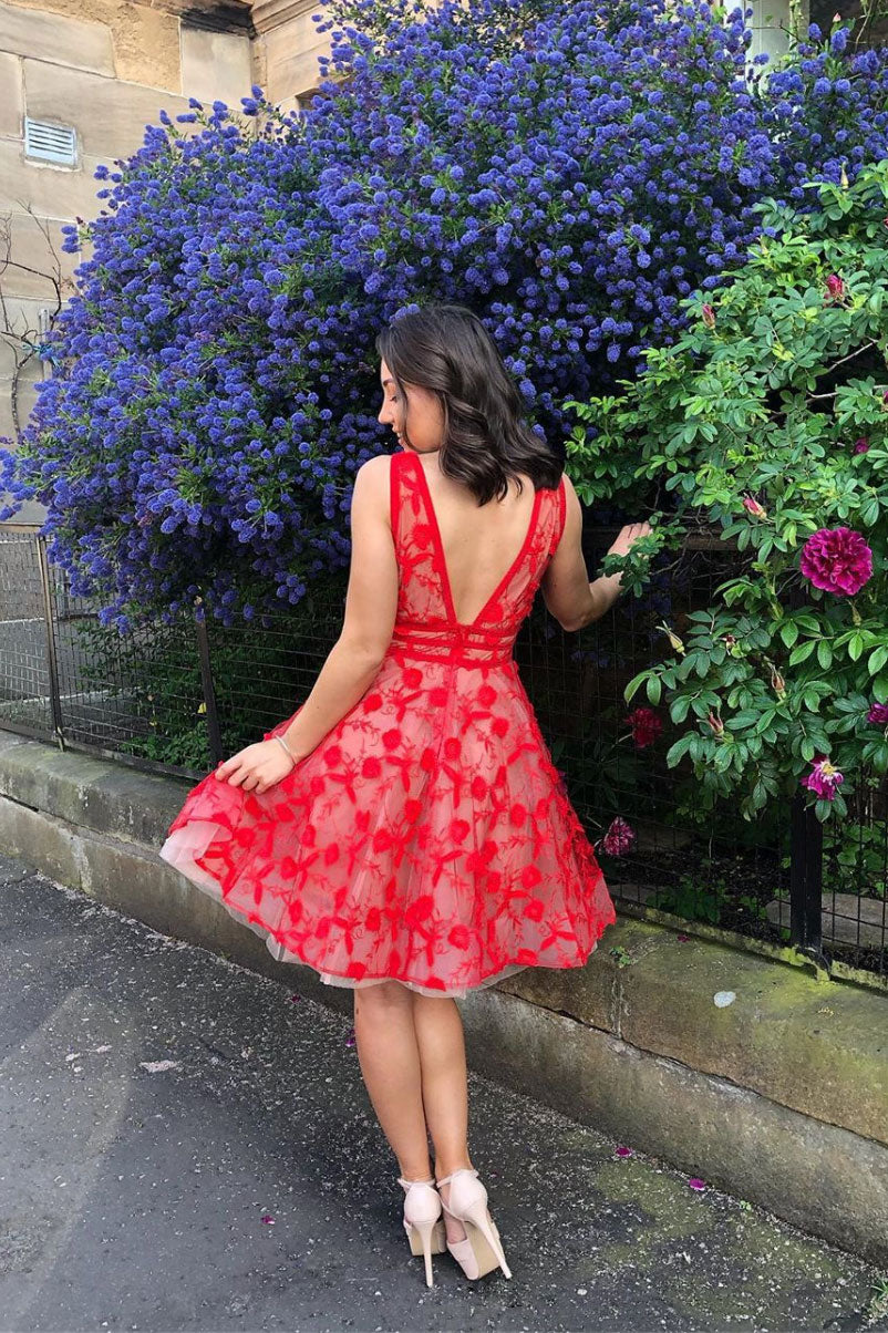 Red v neck tulle lace short prom dress, red homecoming dress