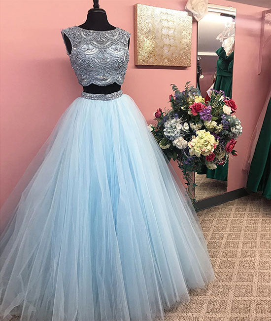 
                  
                    Blue beads tulle long prom dress, blue evening dress - shdress
                  
                
