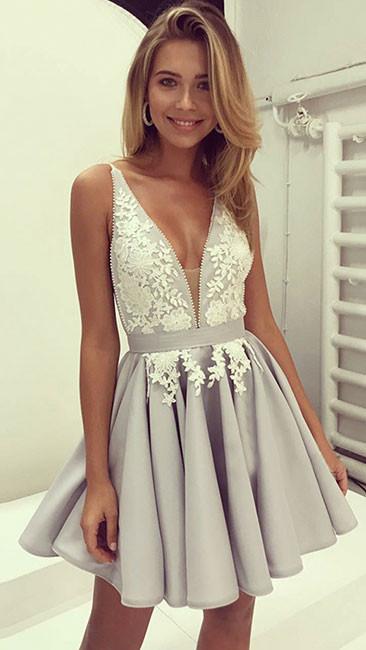 
                  
                    Cute gray v neck lace applique short prom dress - shdress
                  
                