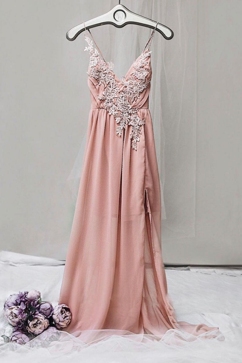 Pink v neck chiffon lace long prom dress, pink evening dress