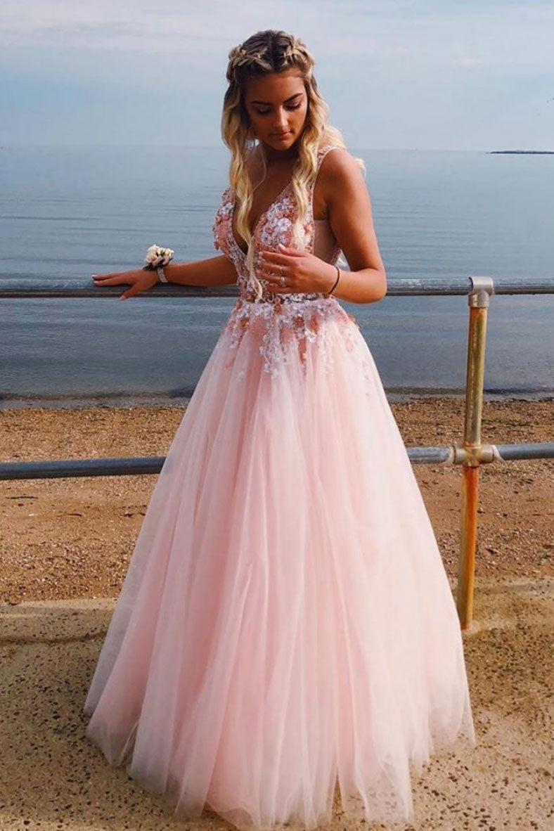 Pink v neck tulle lace long prom dress, pink tulle evening dress shdress Pink v neck tulle lace long prom dress, pink tulle evening dress shdress