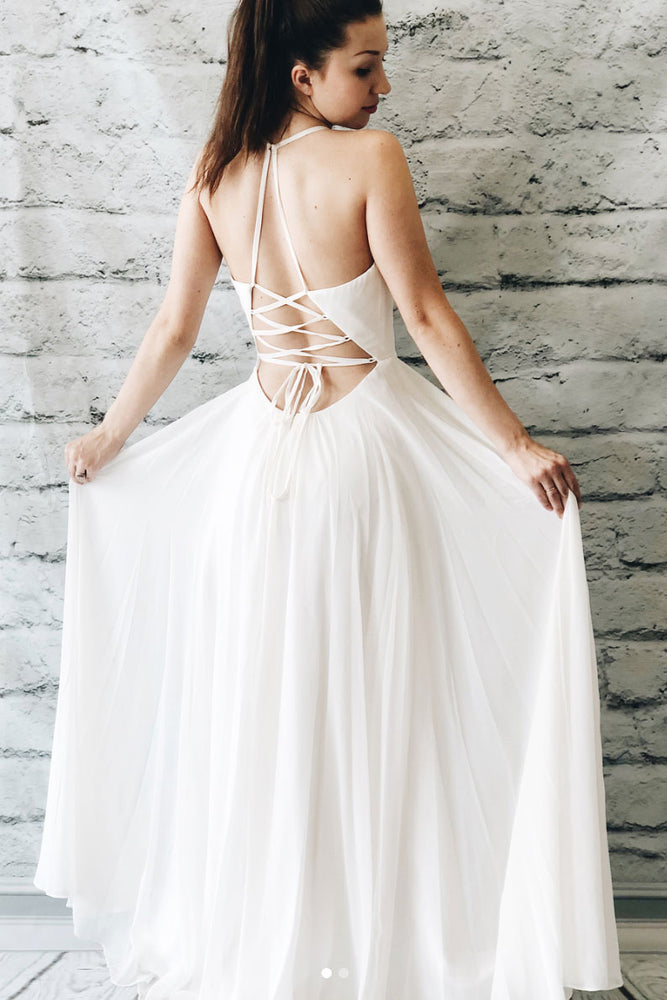 
                  
                    Simple white chiffon long prom dress, white evening dress
                  
                
