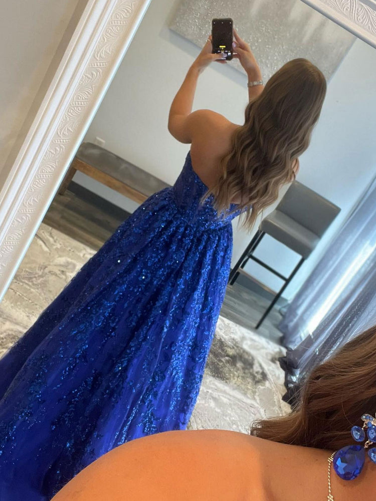 
                  
                    Blue A line tulle sequin long prom dress, blue tulle evening dress
                  
                
