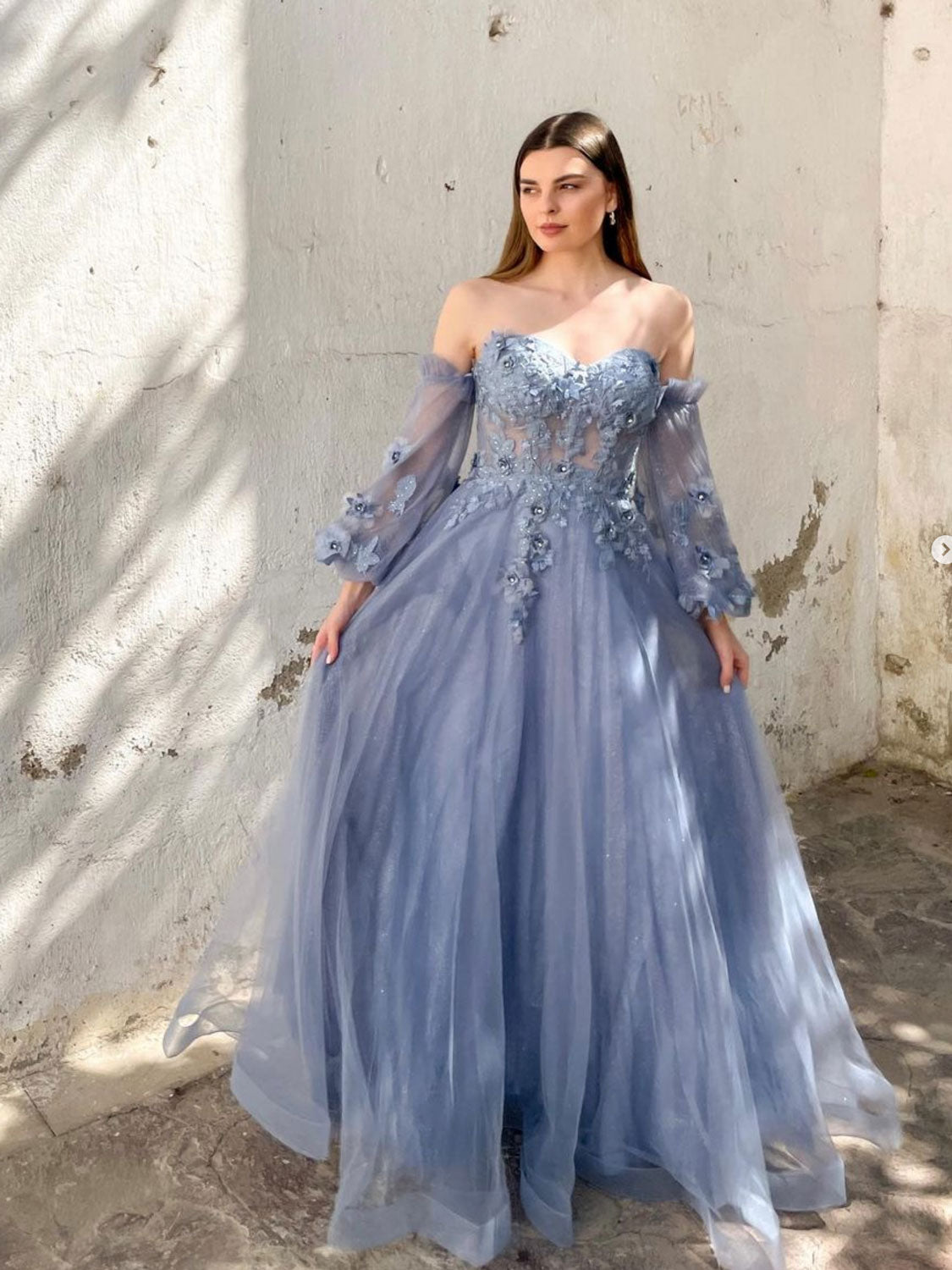 A-Line Sweetheart Neck Tulle Gray Blue Lace Long Prom Dress, Gray Blue shdress A-Line Sweetheart Neck Tulle Gray Blue Lace Long Prom Dress, Gray Blue shdress