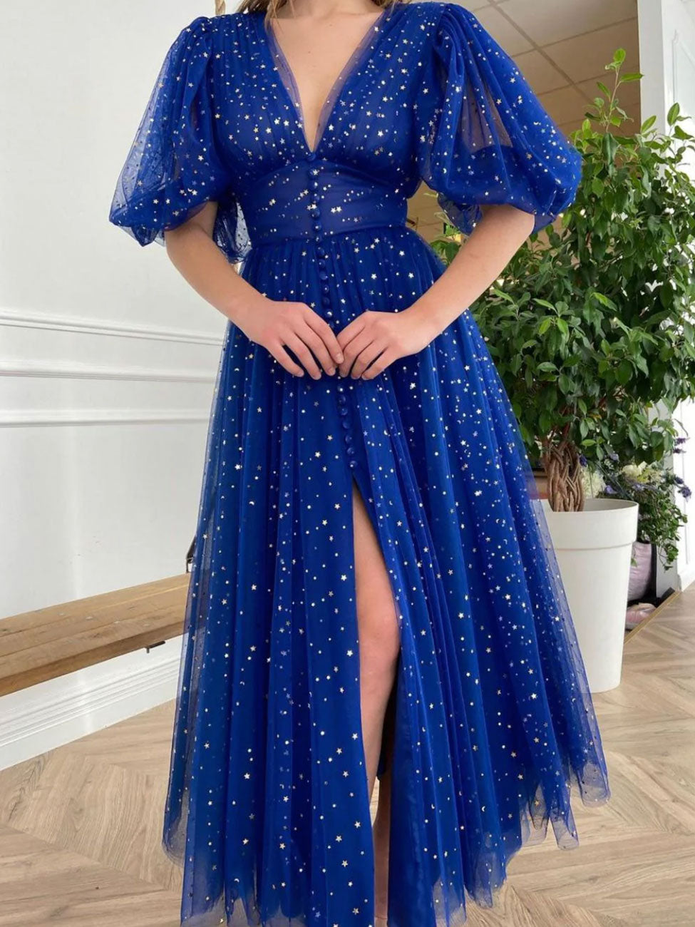 Blue V Neck Tulle Long Prom Dress, Blue Formal Evening Dresses