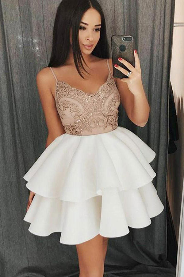 White sweetheart lace short prom dress, white homecoming dress