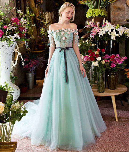 
                  
                    Unique green lace tulle long prom dress, green evening dress - shdress
                  
                