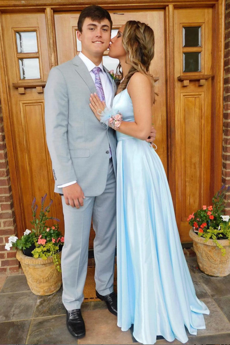 Simple blue satin long prom dress, blue long evening dress shdress Simple blue satin long prom dress, blue long evening dress shdress