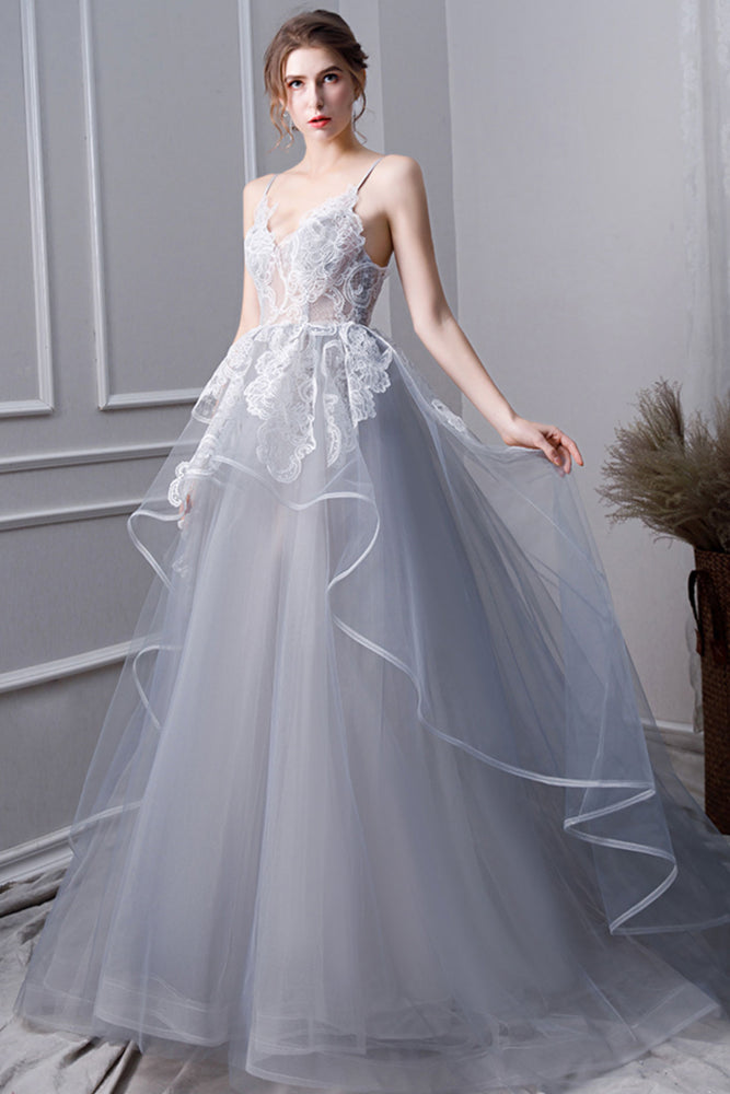 
                  
                    Gray tulle lace long prom dress, gray tulle lace evening dress
                  
                